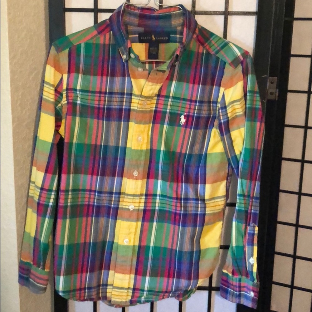 Multi colored long sleeve button down shirt